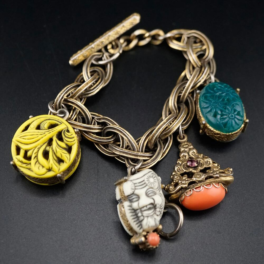 Vintage Selro Selini Asian Motif Noh Mask Charm Bracelet 1950s MCM 6.5" Chunky